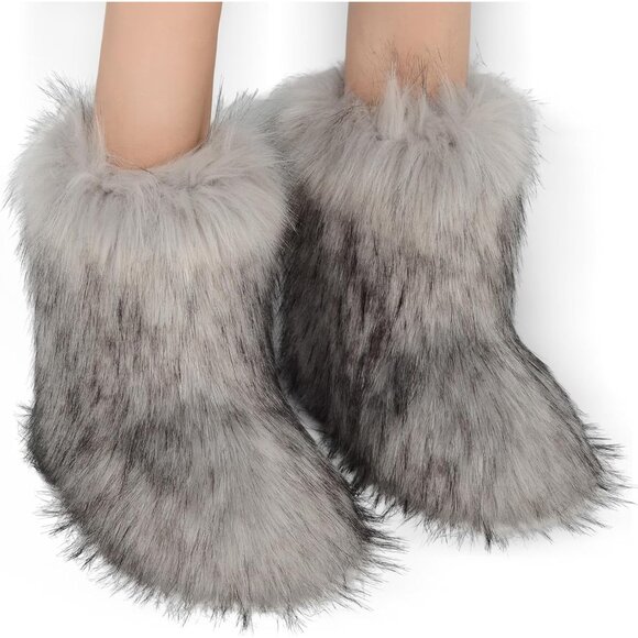 ⚡Women's Grey Faux Fur Warm Boot Furry Short Snow Boot Mid Calf Boots - Picture 2 of 6